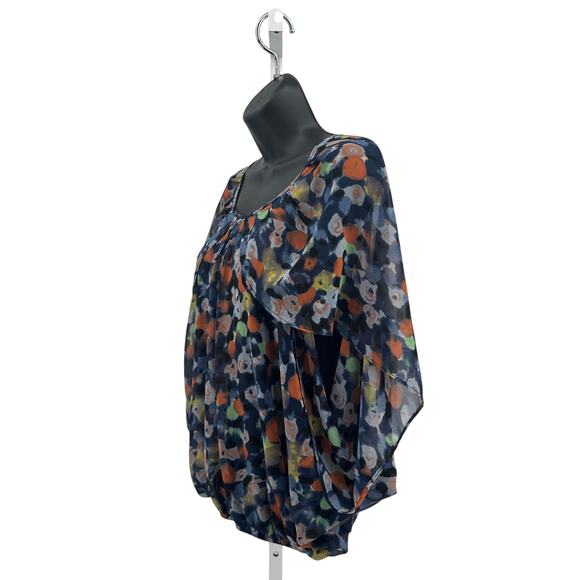 Eclair Printed Overlay Poncho Blouse Womens XS Navy #TS6587-03 Scoop Lined Pleat - Picture 3 of 6
